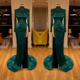 Dark Green Beadings Pearl Long Sleeves Evening Gowns Mermaid Prom Dress With Slit